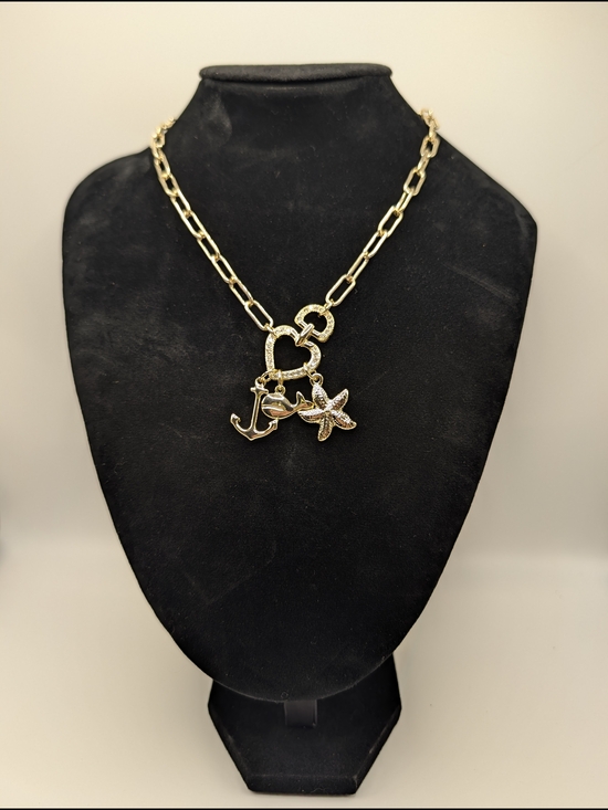 Jewelry - 24k Gold Plate Anchor Whale Starfish Charm Necklace With CZ & Paperclip Chain